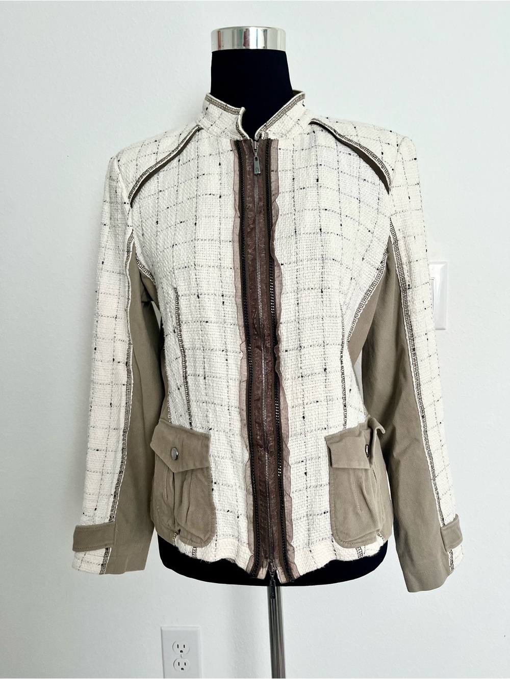 Basler Black Label Tweed Moto Jacket Blazer Ivory Taupe US 8-10 Medium